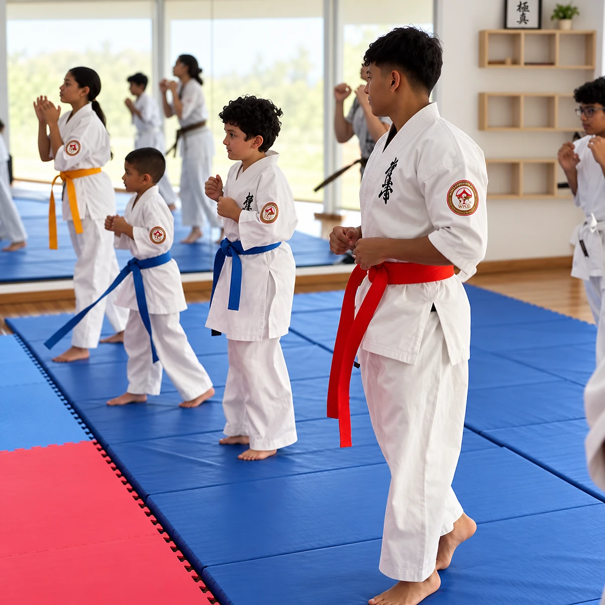 Niños y adolescentes entrenando karate Kyokushin en Okami Dojo